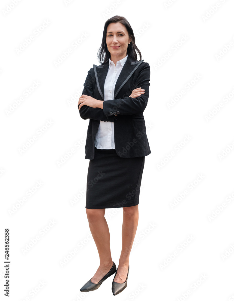 Leader business woman wearing black suit standing cross arm on background Leader business woman wearing black suit standing cross arm on background