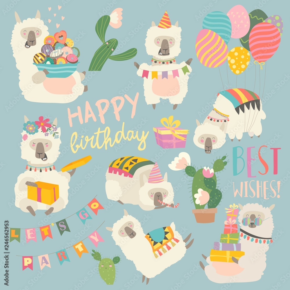 Cartoon character of funny alpaca llama with birthday theme Cartoon character of funny alpaca llama with birthday theme
