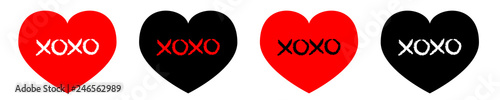 Red, black heart line icon set. Xoxo phrase sketch saying. Hugs and kisses. Happy Valentines day sign symbol. Cute graphic object. Love greeting card. Flat design style. Isolated. White background.
