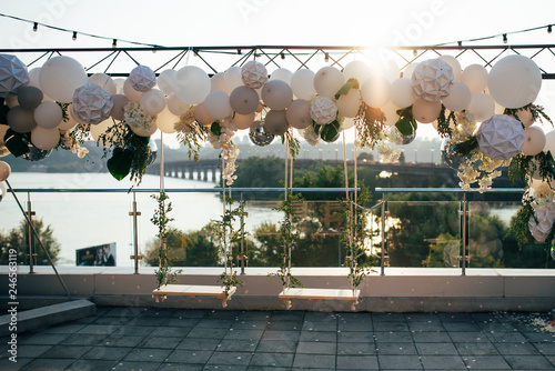 Preparation for the wedding ceremony on the roof of the building overlooking the city photo