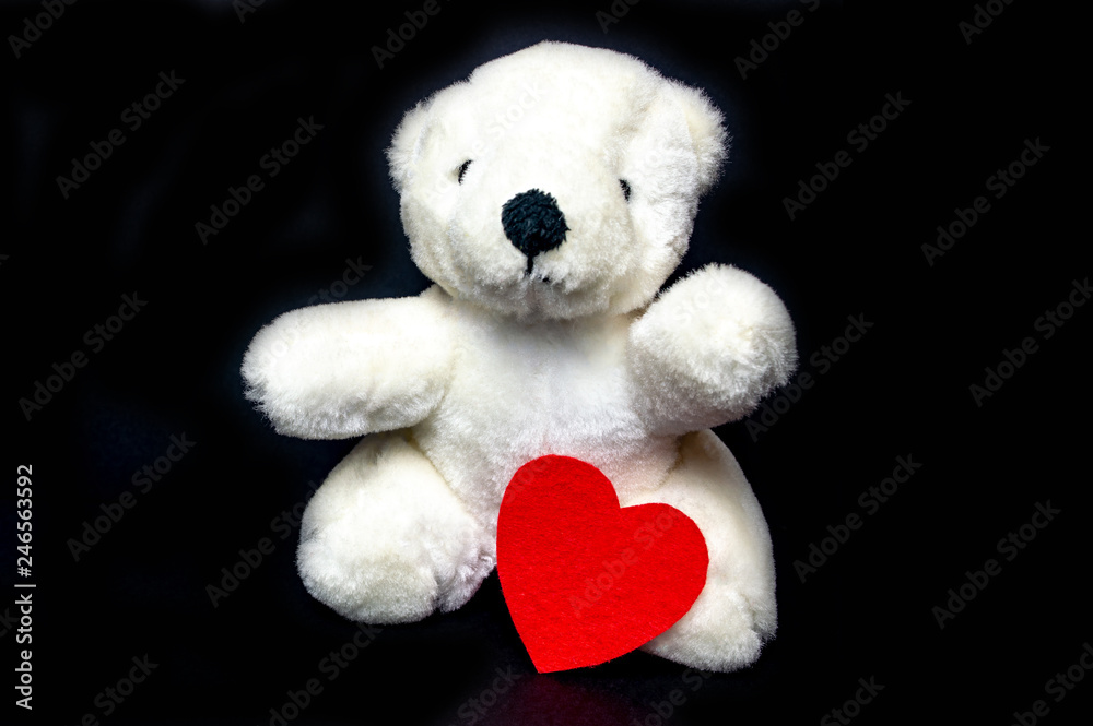 White Teddy with a red heart on black background White Teddy with a red heart on black background