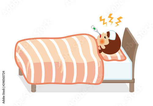 Teenage girl rest in bed who suffers fever of disease - Full length
