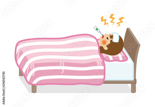 Young woman rest in bed who suffers fever of disease - Full length