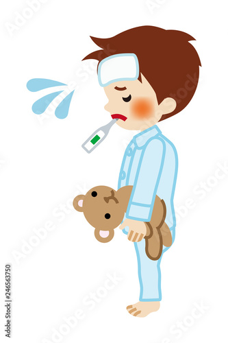 Standing Little boy who put clinical Thermometer into mouth