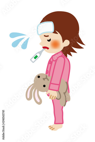 Standing Little girl who put clinical Thermometer into mouth