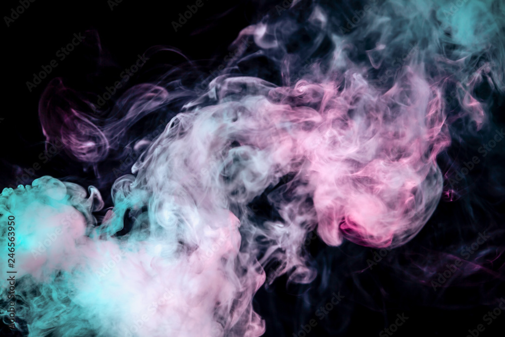 The beautiful color combination of blue, pink and violet hues from the substance is smoke, on a black background resembling the Milky Way for t-shirt print.