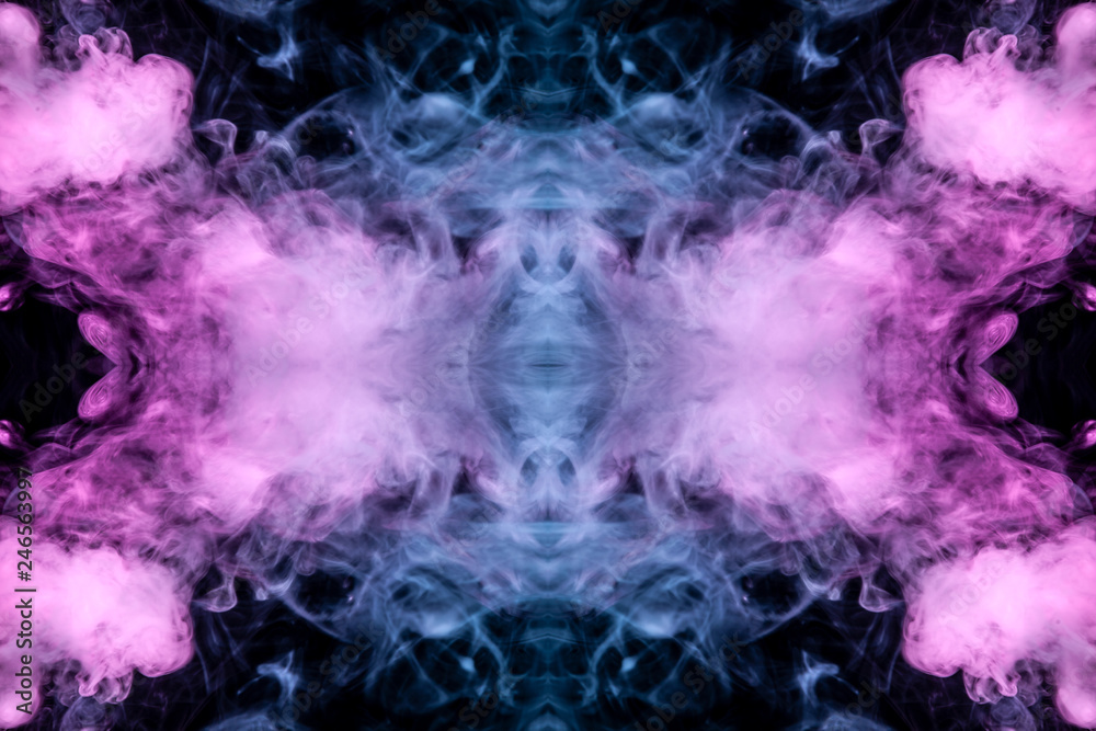 The cosmic dust uniting in a fascinating pattern, interlaced with smooth waves of smoke, exuding vape, shimmering violet, pink, blue color on a dark background. T-shirt print.