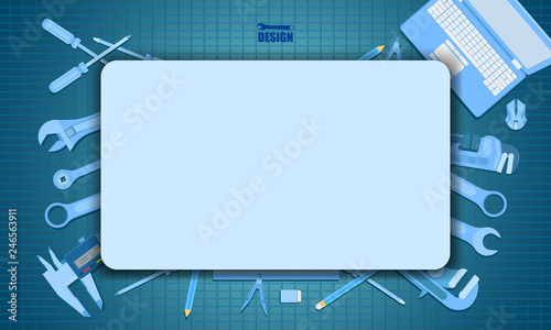 engineering design concept shape space for your text around with screwdriver wrench ruler vernier caliper cheater bar under the boards vector illustration eps10