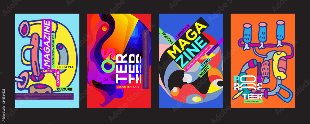 Fototapeta premium Cover and Poster Design Template for Magazine. Trendy Vector Typography and Colorful Illustration Collage for Cover and Page Layout Design Template in eps10.