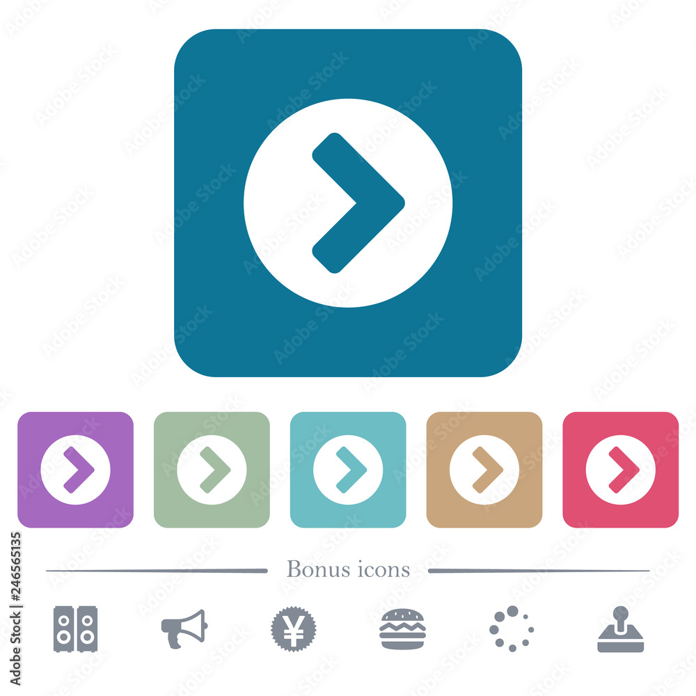 Chevron right flat icons on color rounded square backgrounds