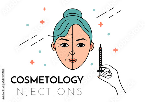 Cosmetic injections. Vector flat illustration with place for text. Mesotherapy, rejuvenation.