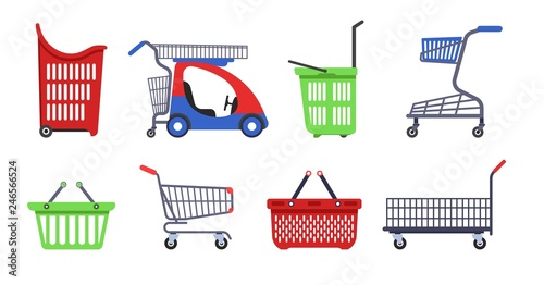 Shopping carts and baskets supermarket trolleys vector