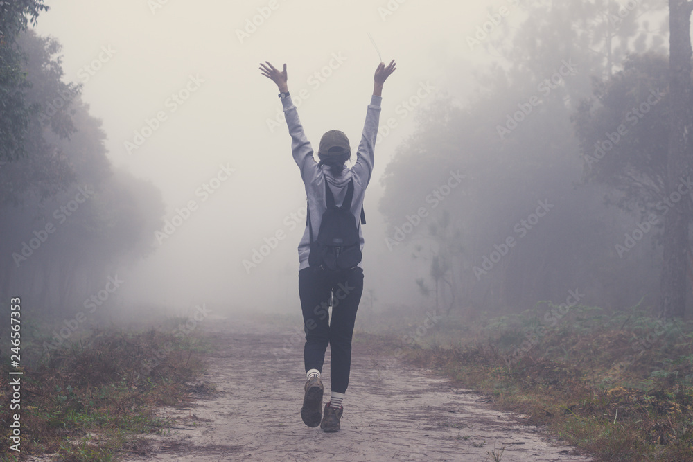 traveler women walking on road in the forest paths in the woods and foggy, hiker women enjoying the beautiful nature with fog traveler women walking on road in the forest paths in the woods and foggy, hiker women enjoying the beautiful nature with fog