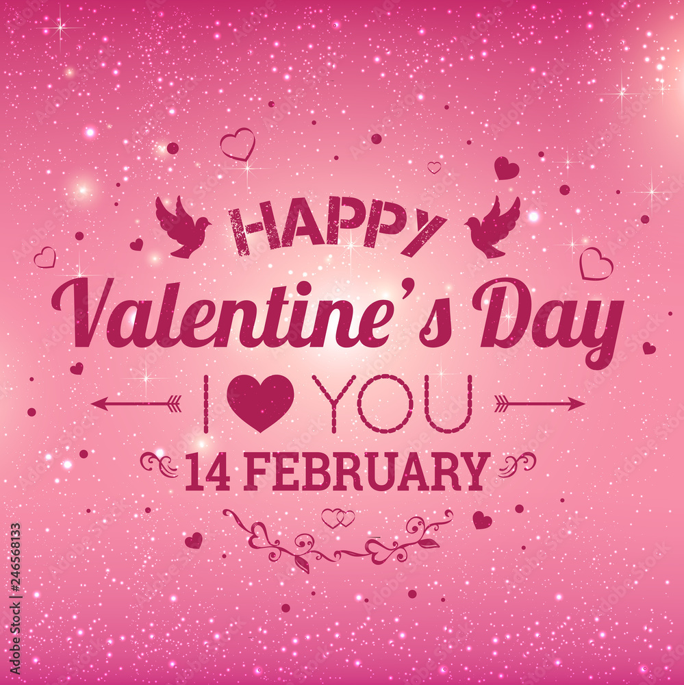 Happy Valentines Day greeting card. I Love You. 14 February. Holiday background with hearts, light, stars. Vector Illustration Happy Valentines Day greeting card. I Love You. 14 February. Holiday background with hearts, light, stars. Vector Illustration