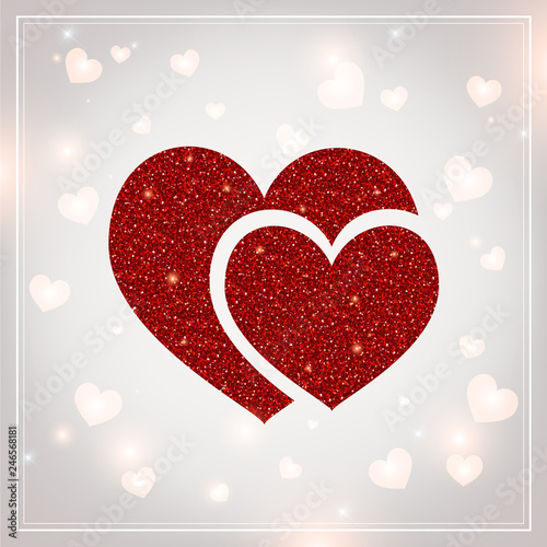Valentines Day - vector greeting card with glitter red hearts on shiny background
