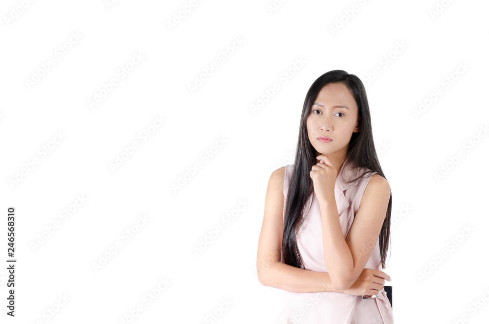 Portrait photo of asian woman with smooth expression face and acting with one hand put near by her chin isolated on white background with space for text. Portrait photo of asian woman with smooth expression face and acting with one hand put near by her chin isolated on white background with space for text.