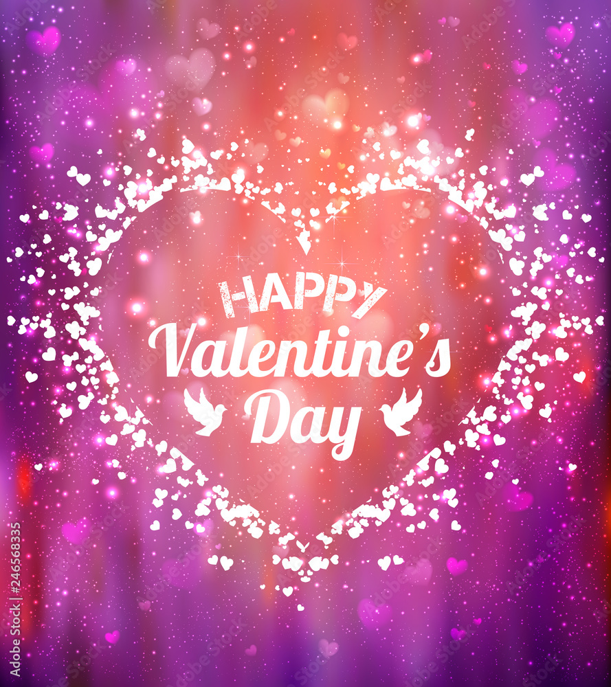 Happy Valentines Day greeting card. I Love You. 14 February. Holiday background with hearts, light, stars. Vector Illustration