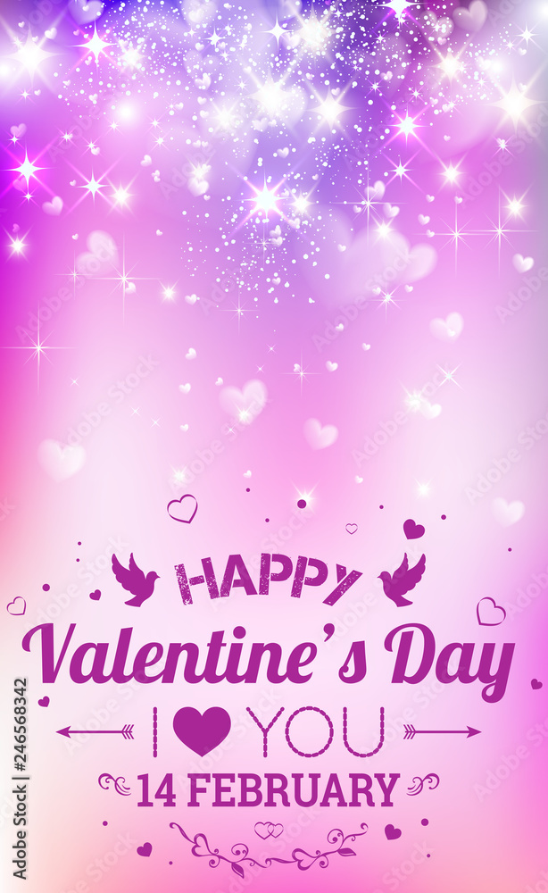 Happy Valentines Day greeting card. I Love You. 14 February. Holiday background with hearts, light, stars. Vector Illustration Happy Valentines Day greeting card. I Love You. 14 February. Holiday background with hearts, light, stars. Vector Illustration