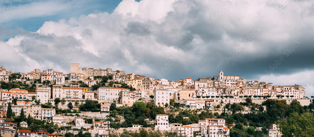 Obraz premium Monte San Biagio, Italy. Top View Of Residential Area. Cityscape In Autumn Day Under Blue Cloudy Sky