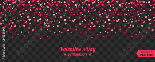 Valentines Day background of red hearts falling. Element for greeting cards. Transparent vector effect