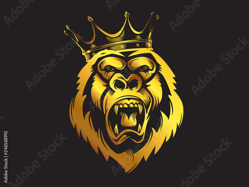 Gorilla mascot gold sport logo, emblem, illustration on a dark background