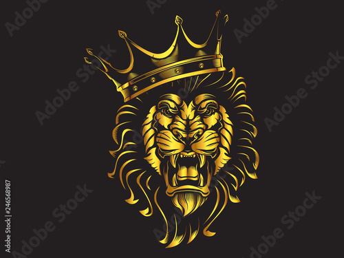 Lion angry face gold tattoo. Vector illustration of lion head. Safari print.