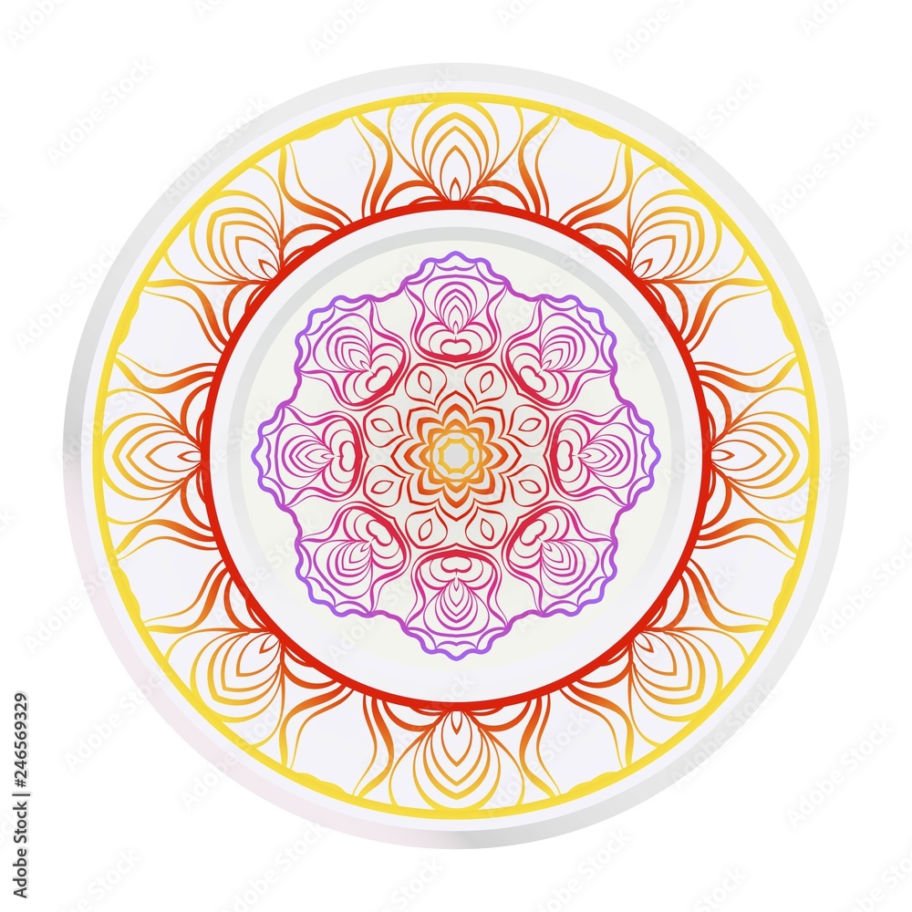 Decorative round mandala from floral elements. Vector illustration. Home decor, interior design. Set of 2 matching decorative plates for interior design. Purple, red, yellow gradient color