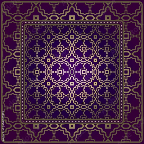 Decorative Ornament With Geometric Decoration. Symmetric Pattern . For Print Bandanna, Shawl, Tablecloth, Fabric Fashion, Scarf, Design. Purple, gold color