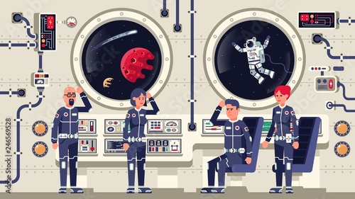 Fototapeta Naklejka Na Ścianę i Meble -  Astronauts are men and women aboard a spacecraft. The interior of the interstellar spaceship. Vector illustration