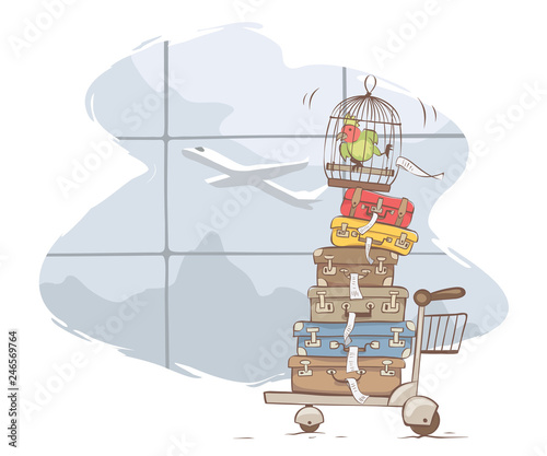 Very large luggage / Bunch of suitcases on the cart in an aeroport, vector illustration