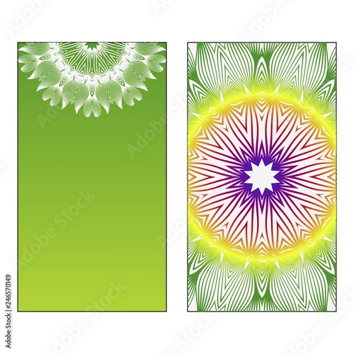 Two Yoga card, flyer, poster. Template with mandala for spiritual retreat or yoga studio. Oriental pattern. Vector illustration. Islam, arabic, indian, ottoman motifs. Green, red, yellow color