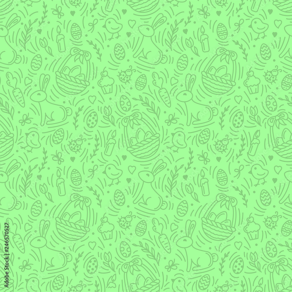 Easter seamless pattern with eggs, rabbits and other elements. Linear style vector illustration. Suitable for wallpaper, wrapping or textile Easter seamless pattern with eggs, rabbits and other elements. Linear style vector illustration. Suitable for wallpaper, wrapping or textile