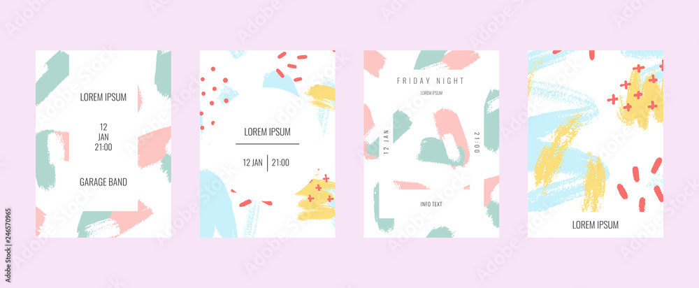Pastel color flyers set. Hand drawn style. For art template design, list, front page, mockup brochure.