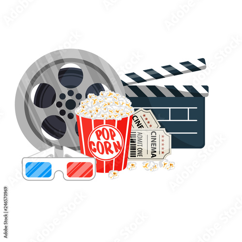 Movie time vector illustration. Cinema poster concept on red round background. Cinema banner design for movie theater.