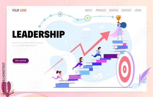 Leadership concept. Landing page template people follow the leader and reach the goal.