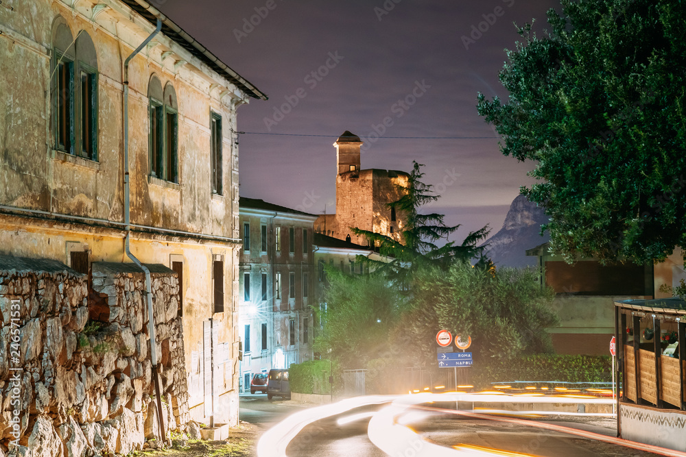 Terracina, Italy. Castle Castello Frangipane In Background In Evening Night Illuminations