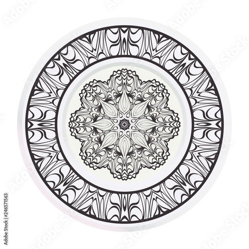 decorative plates for interior design. Empty dish  porcelain plate mock up design. Vector illustration. Decorative plates with Mandala ornament patterns. Home decor background