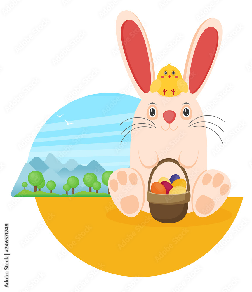 Vector illustration Easter bunny with chicken in flat style Vector illustration Easter bunny with chicken in flat style