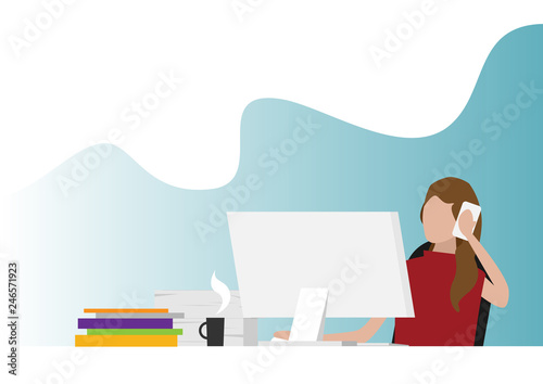 Flat design vector illustration young woman holding modern mobile device and talking on the mobile phone in the office
