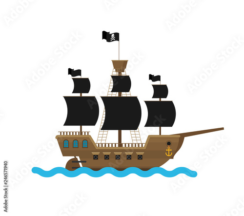 Flat vector pirate ship in sea