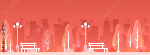 City park with town buildings on a background. Vector illustration.