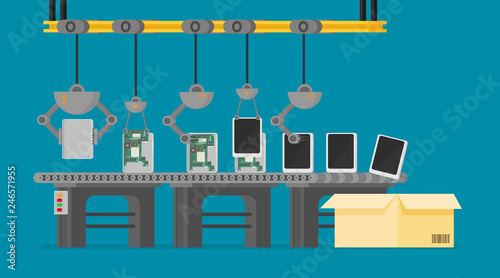  Automatic production conveyor. Robotic industry concept. Vector illustration.
