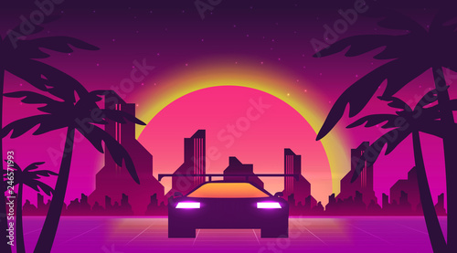 Retro future, 80s style Sci-Fi Background. Futuristic car.