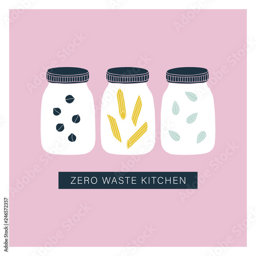 Zero waste kitchen jars. Pantry organisation. Vector illustration