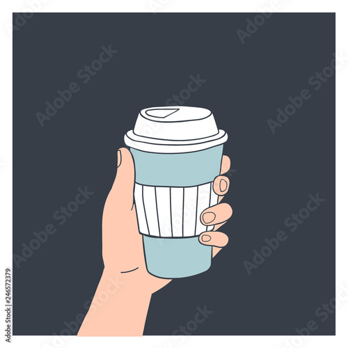 Hand holding reusable coffee cup. Vector illustration
