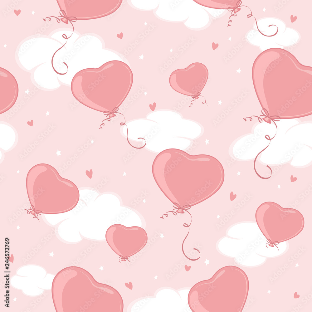 Seamless Background with Valentines Hearts on Pink Sky
