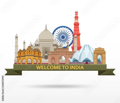 Travel in India concept. Indian most famous sights set. Architectural buildings. Famous tourist attractions