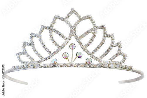 Tiara with white diamonds.  Crown for princess. Expensive jewelry. Decoration for queen, miss contest tiara isolated on white background. Full depth of field, with clipping path photo