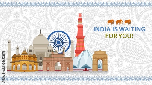 Travel in India concept. Indian most famous sights set. Architectural buildings. Famous tourist attractions