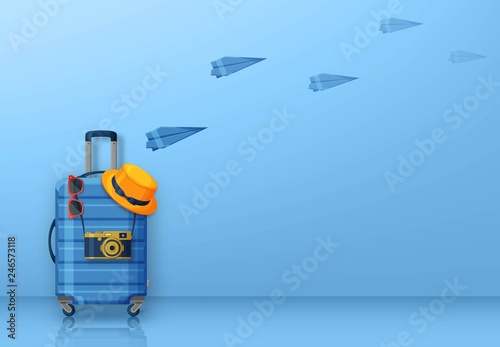 Travel concept with suitcase, sunglasses, hat and camera. Vector illustration